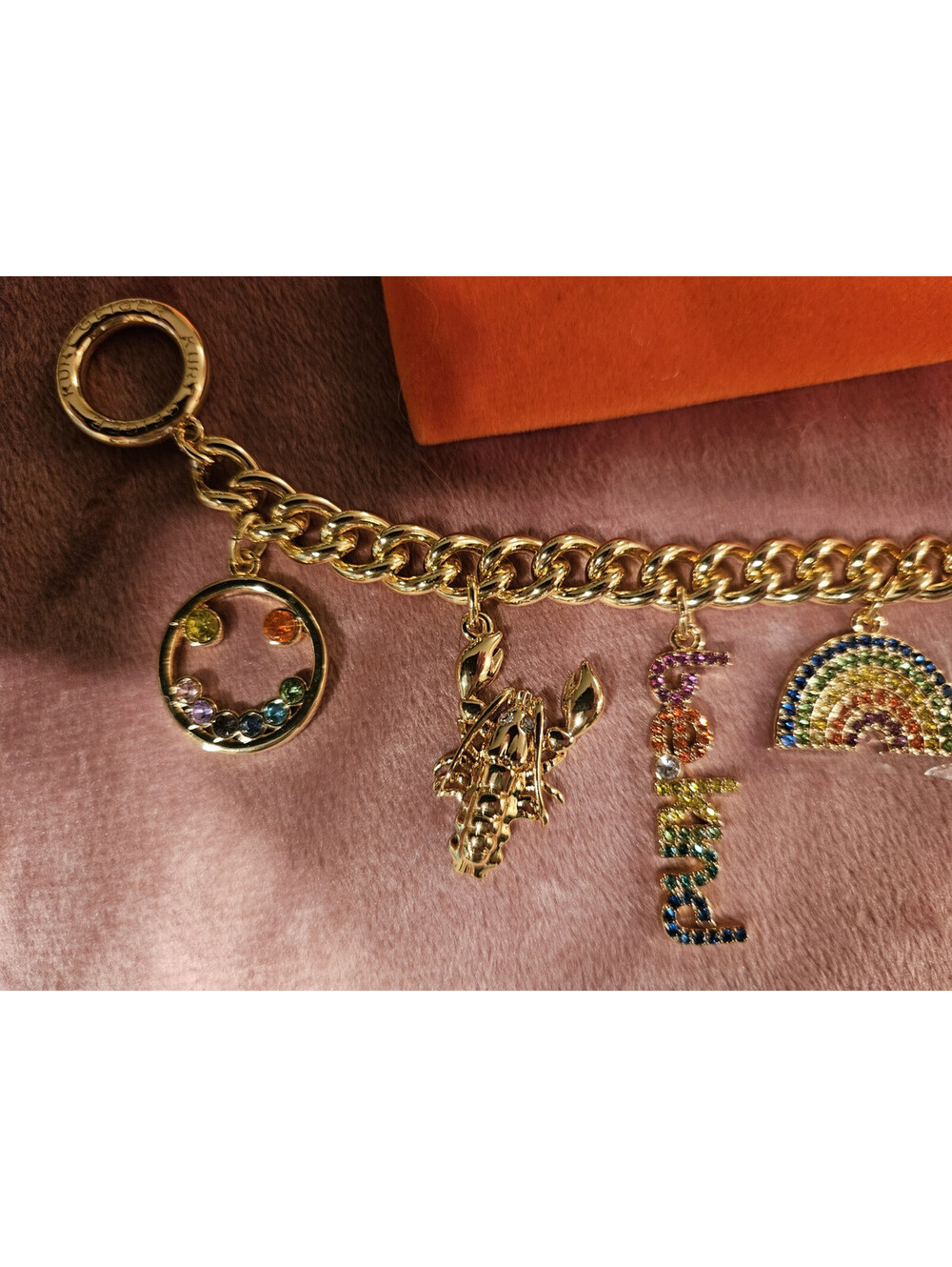 NWT KURT GEIGER LONDON MULTI CHARMS CRYSTAL BRACELET - BE KIND, RAINBOW, LOBSTER - Picture 3 of 7